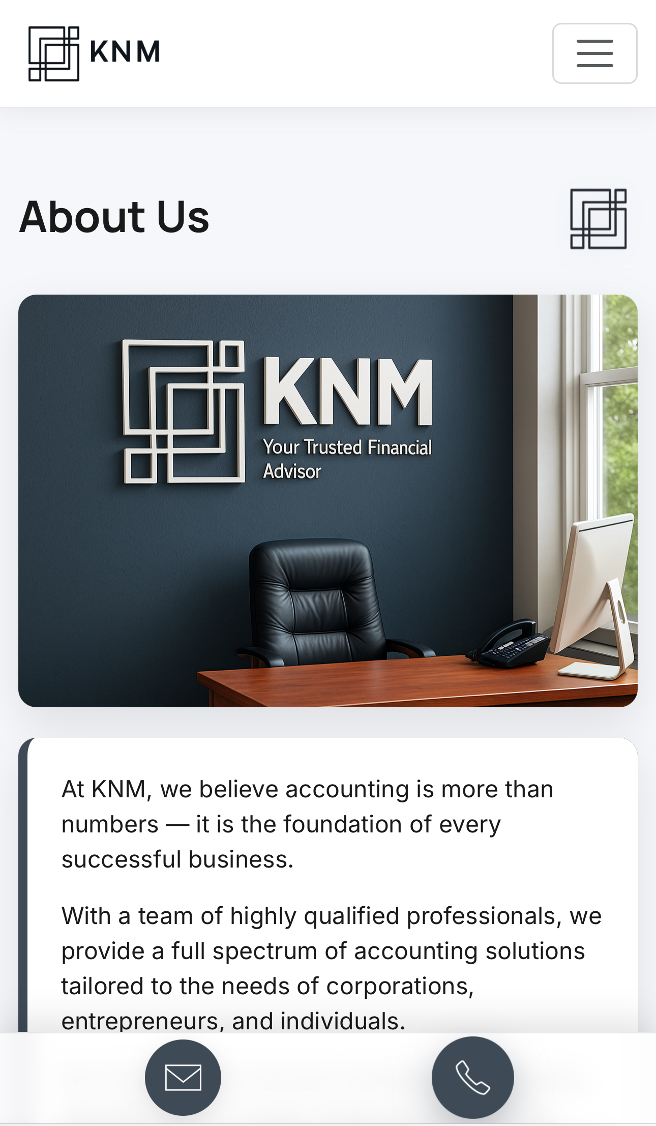 Mobile homepage with CTA and sticky contact icons