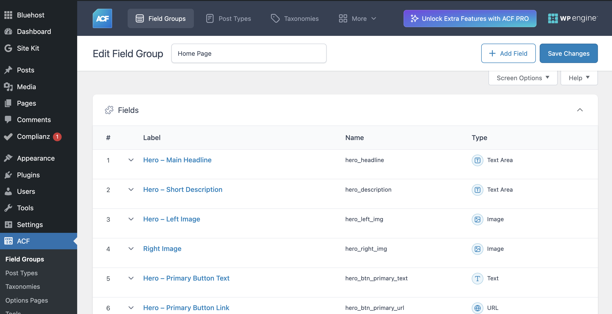 ACF Programs field group: Title, Summary, Outcomes (repeater), Price, CTA link, Image