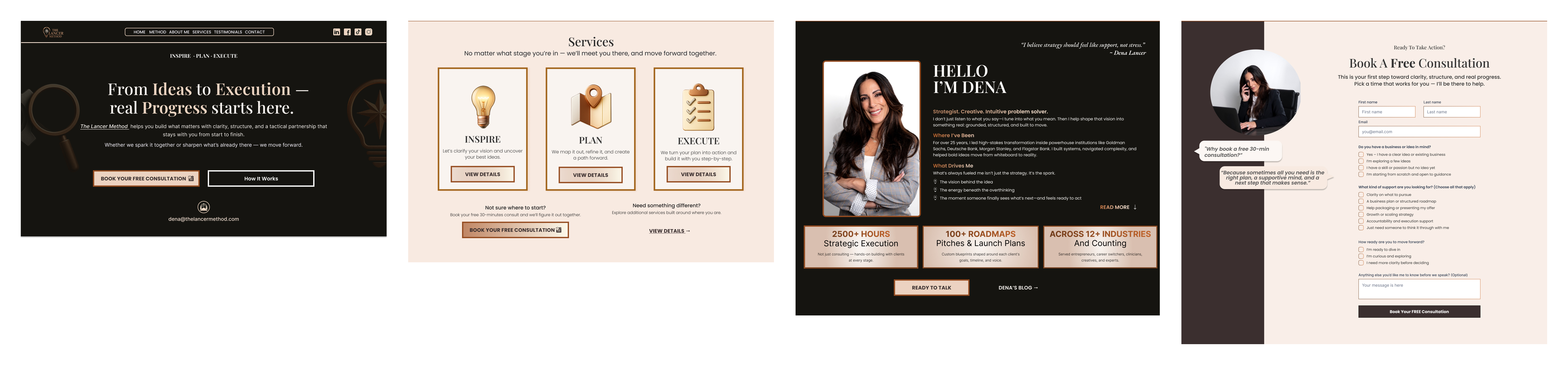The Lancer Method screens: homepage, program page, contact