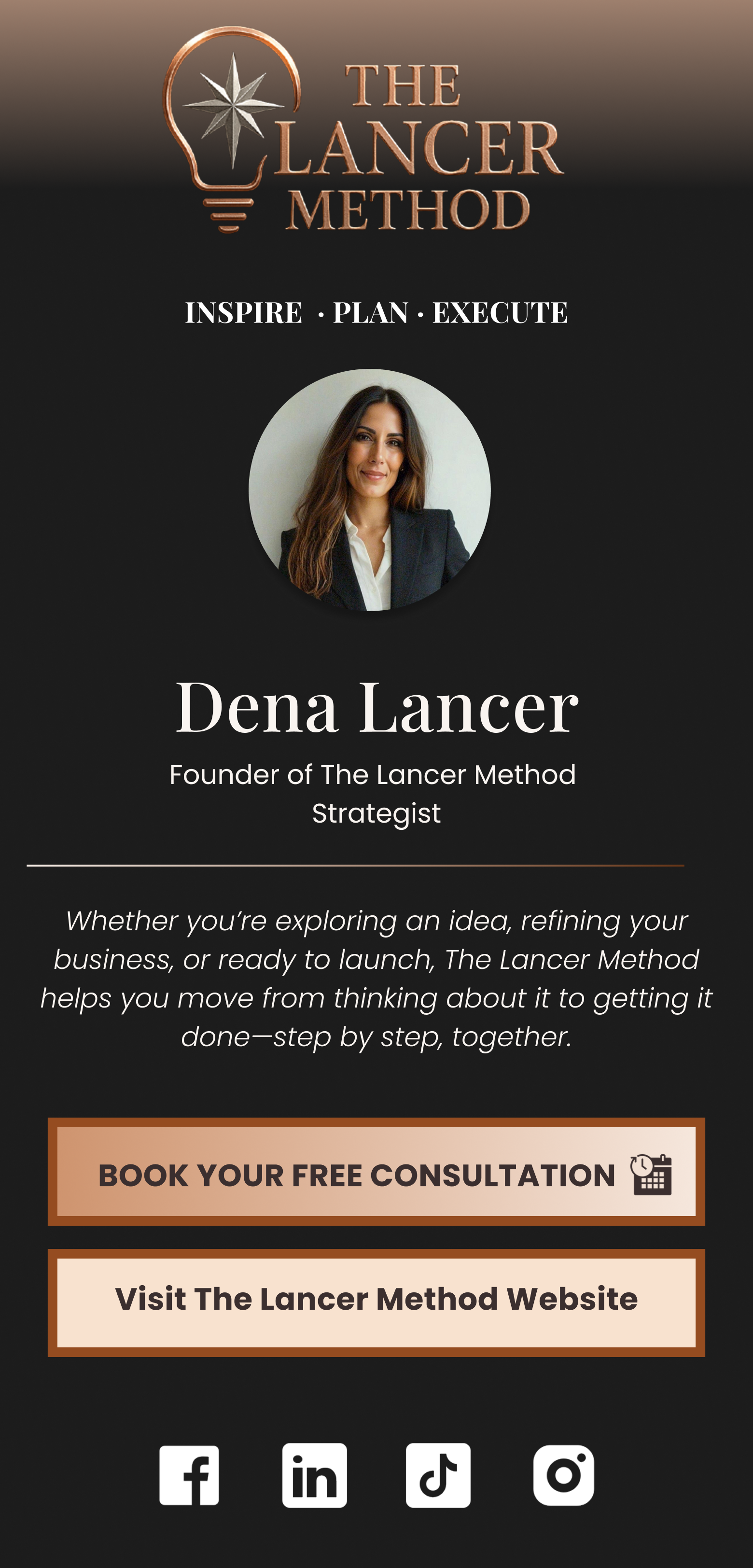 Link-in-Bio preview with brand header and buttons to Programs, Free Resources, and Apply
