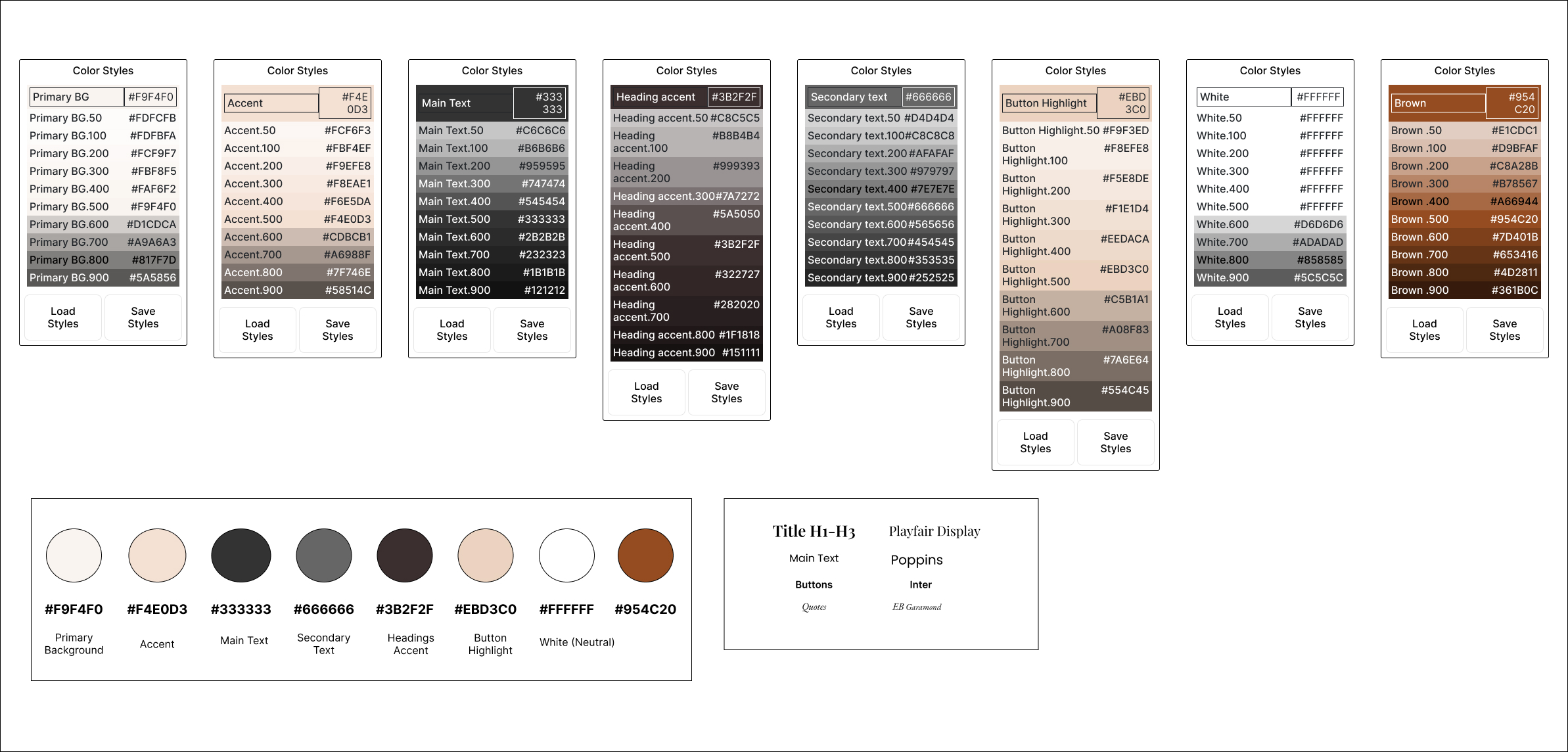 Color and type tokens: #F9F4F0 primary background, #F4E0D3 accent, #EBD3C0 button highlight, #3B2F2F heading accent, #333/#666 text; fonts Playfair Display, Inter, Poppins, EB Garamond.