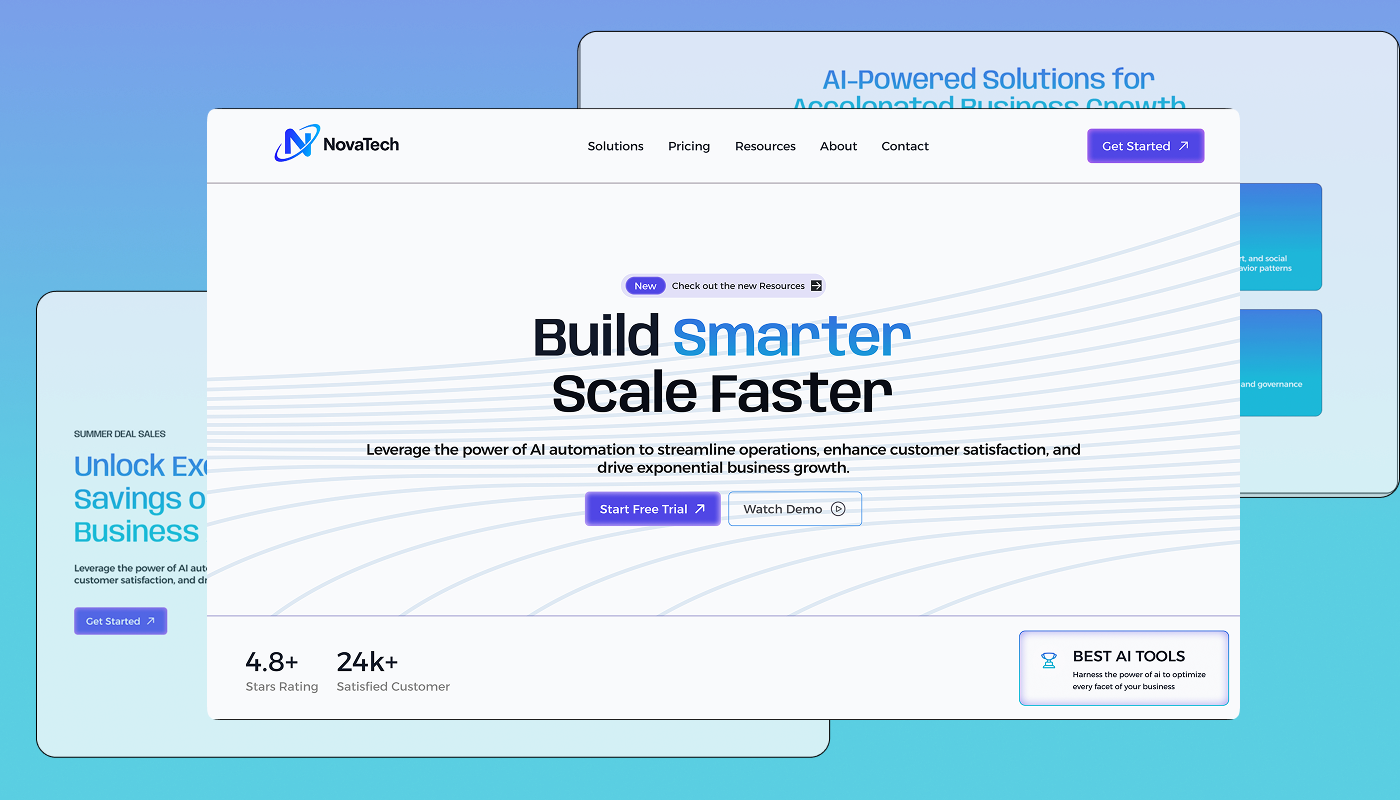 NovaTech Webflow hero: gradient heading, background lines, CTAs, stats and award card
