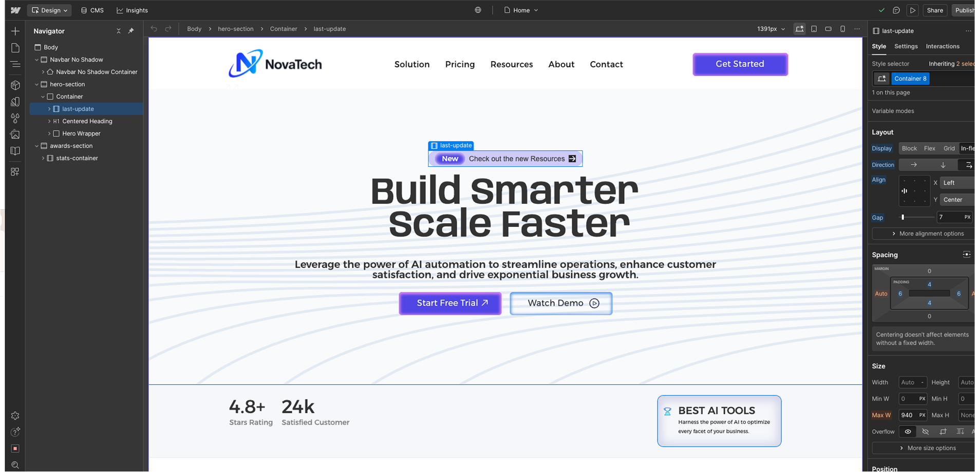 Webflow Designer: class structure and layout