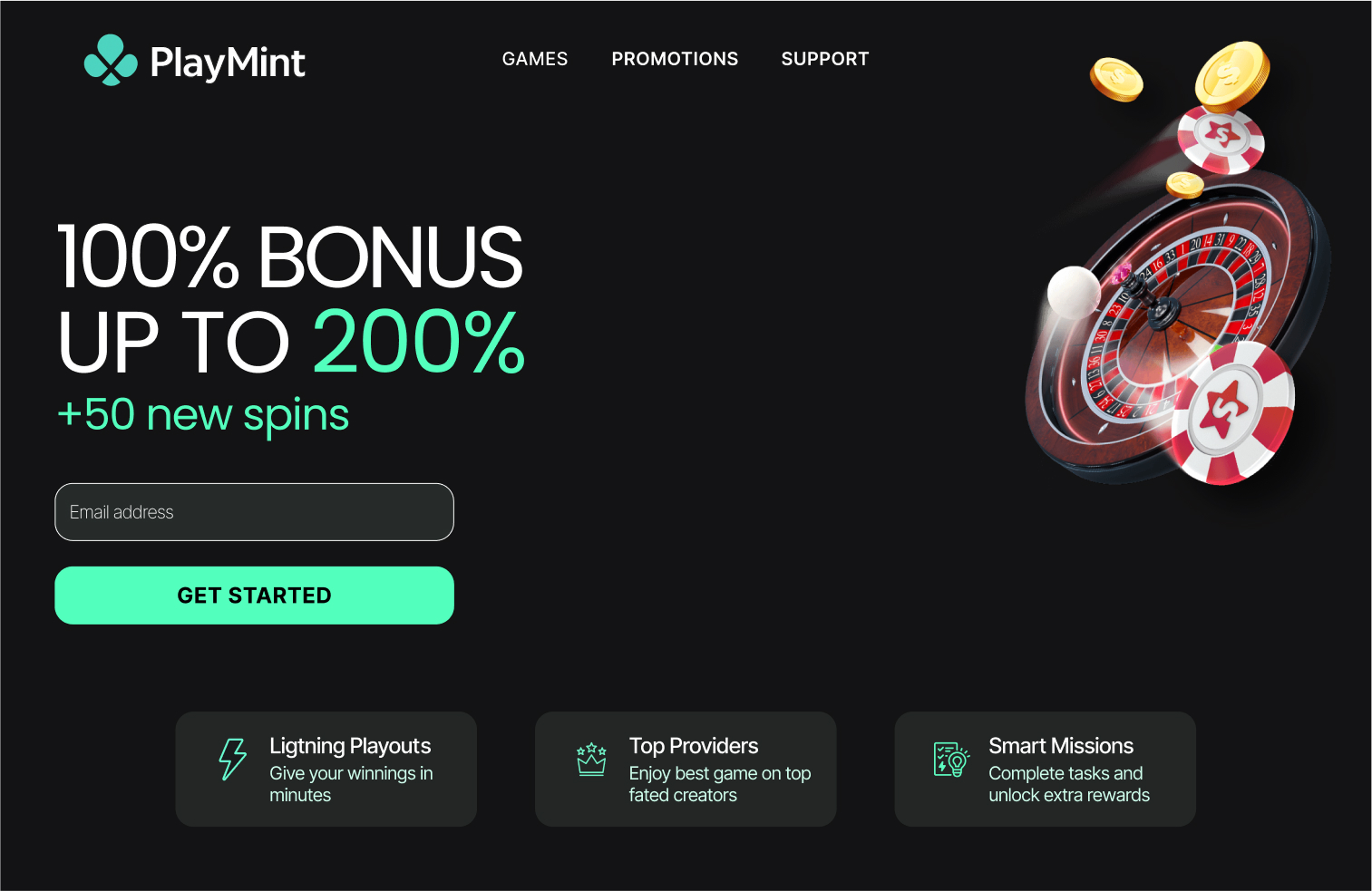 PlayMint landing hero with mint accent and CTA