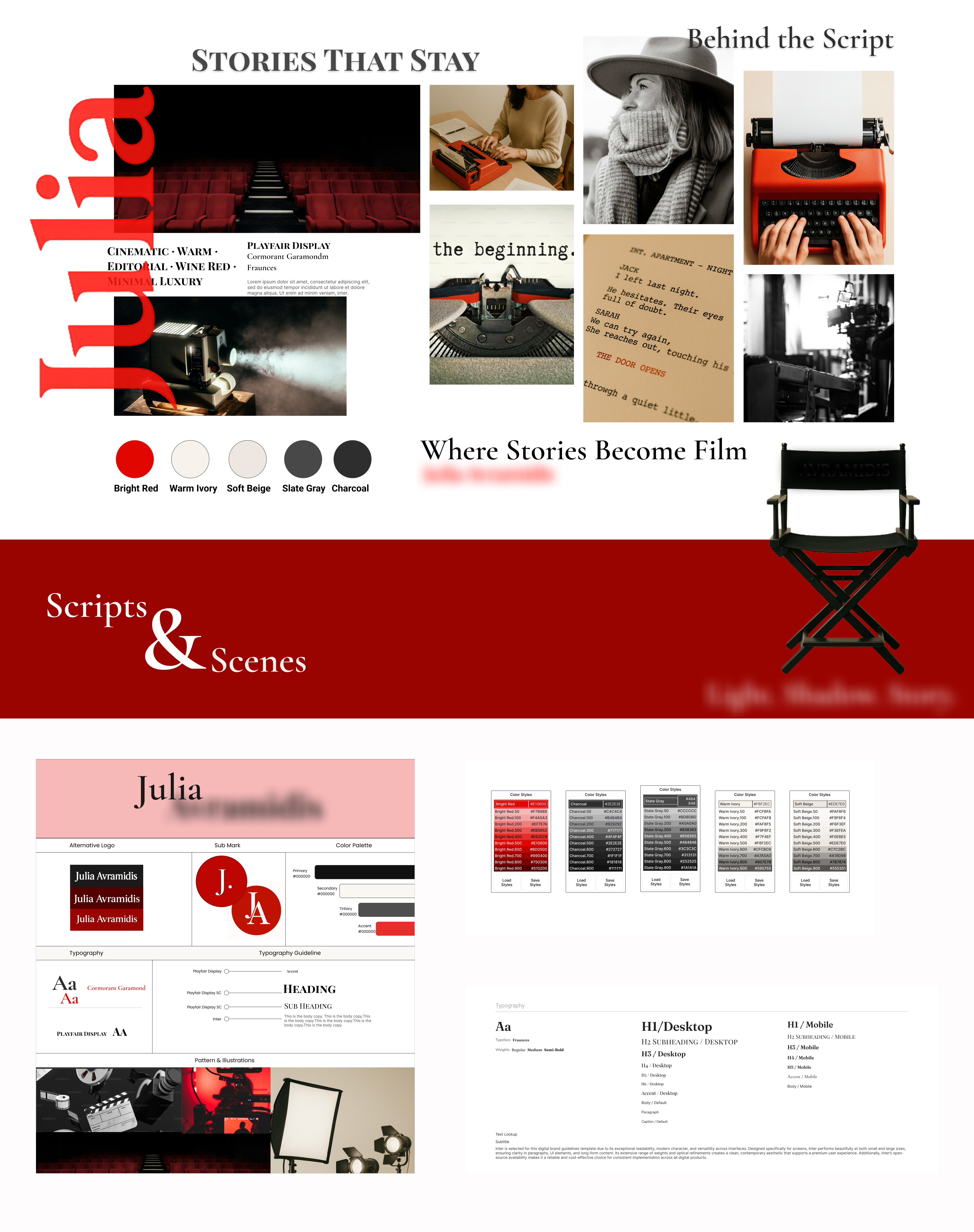 Cinematic moodboard and brand direction board for a screenwriting client.