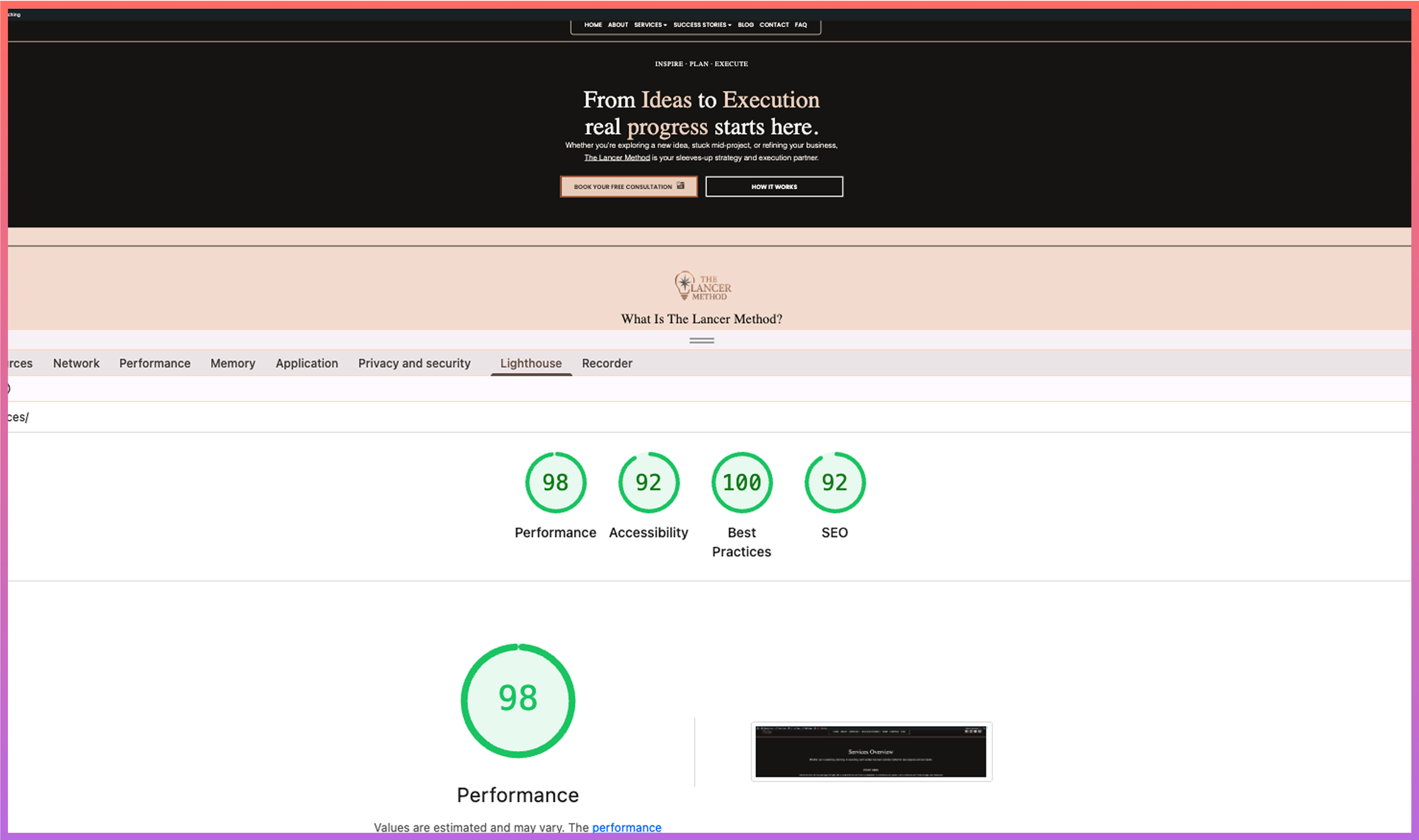 Lighthouse score screenshot