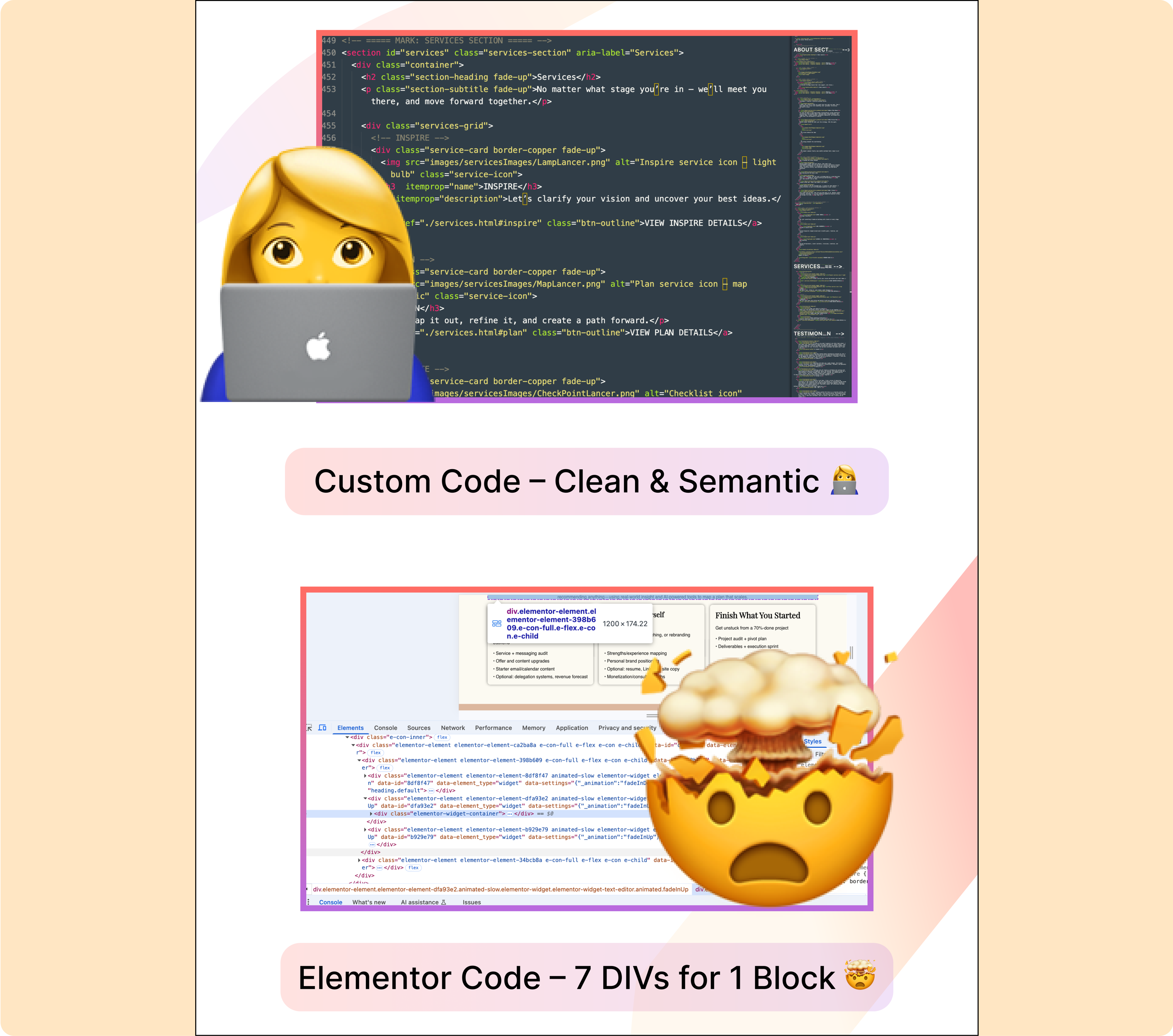 Custom code vs Elementor code screenshot