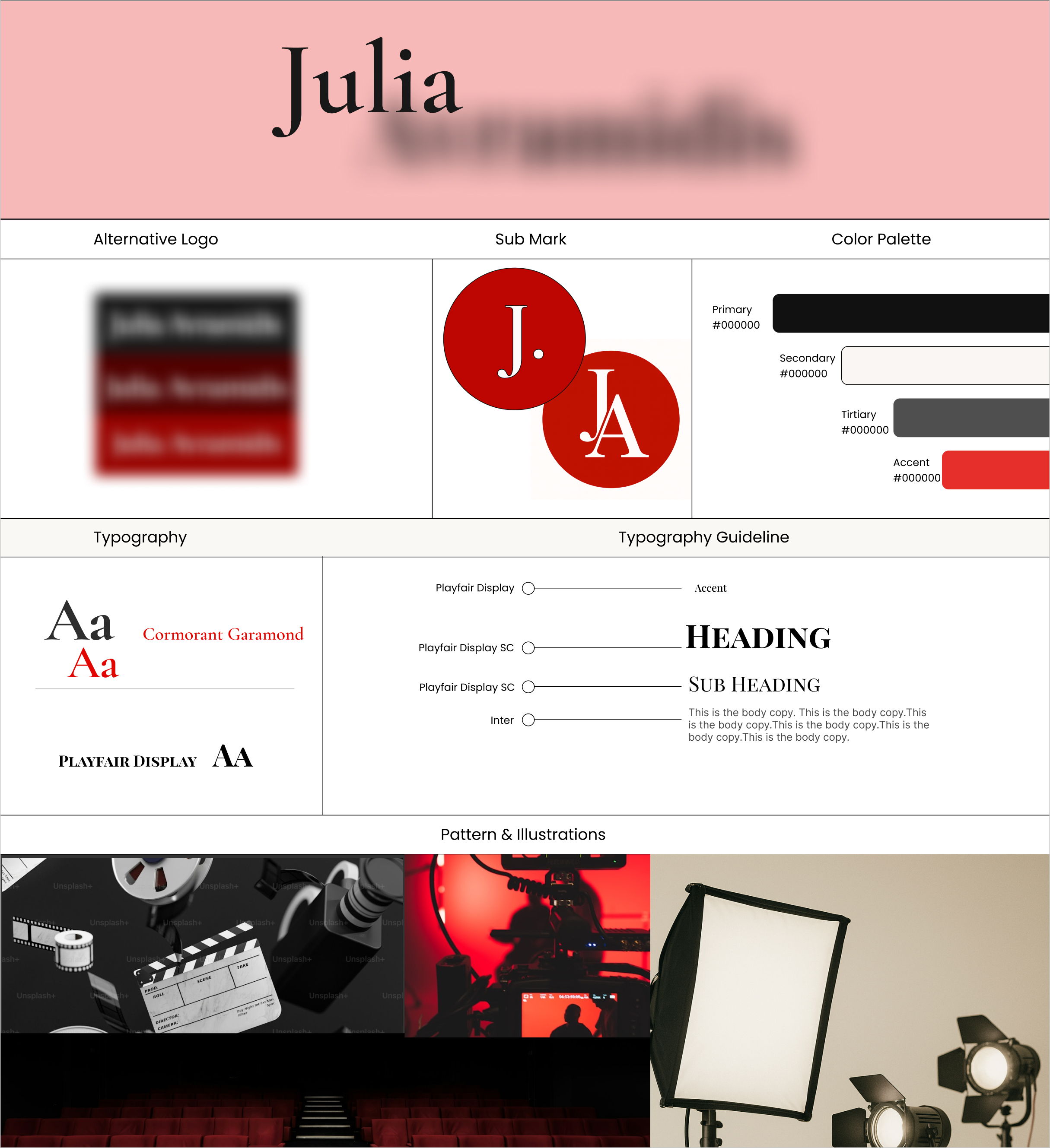 Brand kit layout for a screenwriter including logos, submarks, palette and type styles.