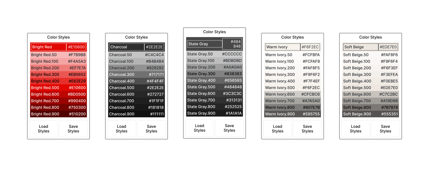 Color system for the brand, including shades of Bright Red, Charcoal, Slate Gray, Warm Ivory and Soft Beige.