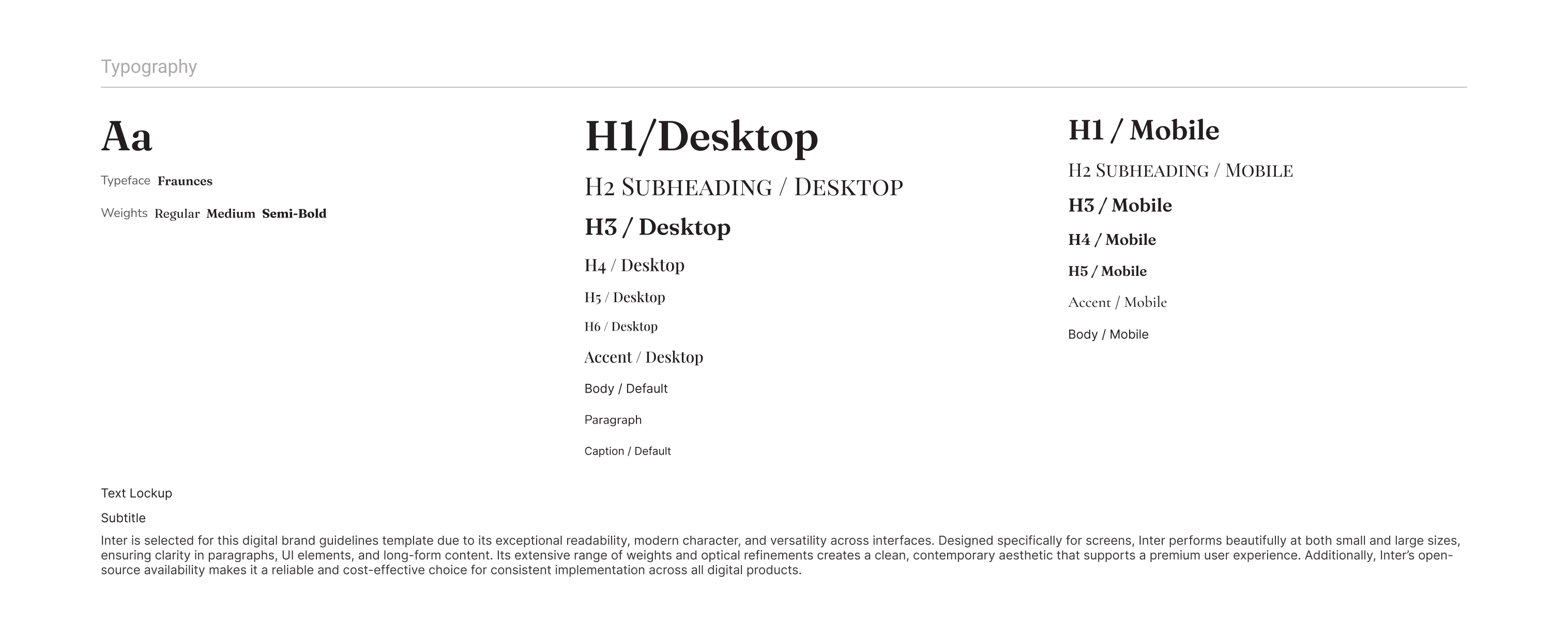 Typography system for desktop and mobile headings paired with body text.