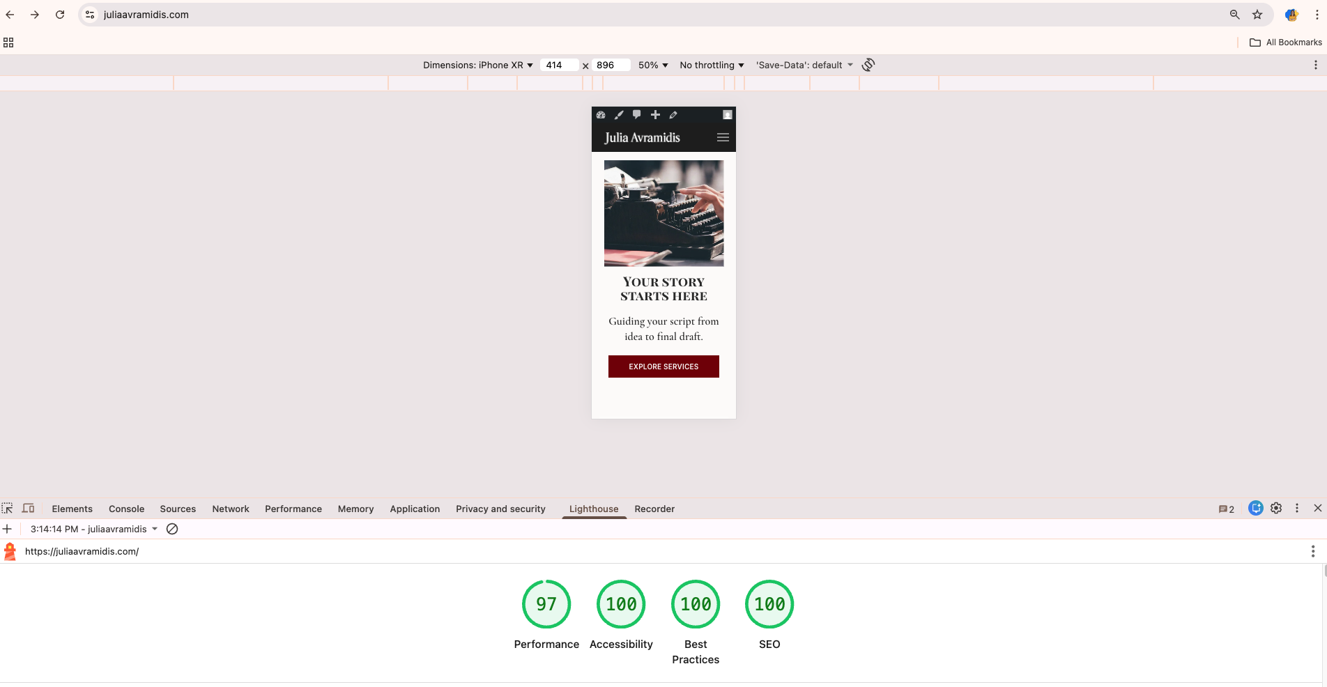 Lighthouse audit showing high performance, accessibility, best practices, and SEO scores