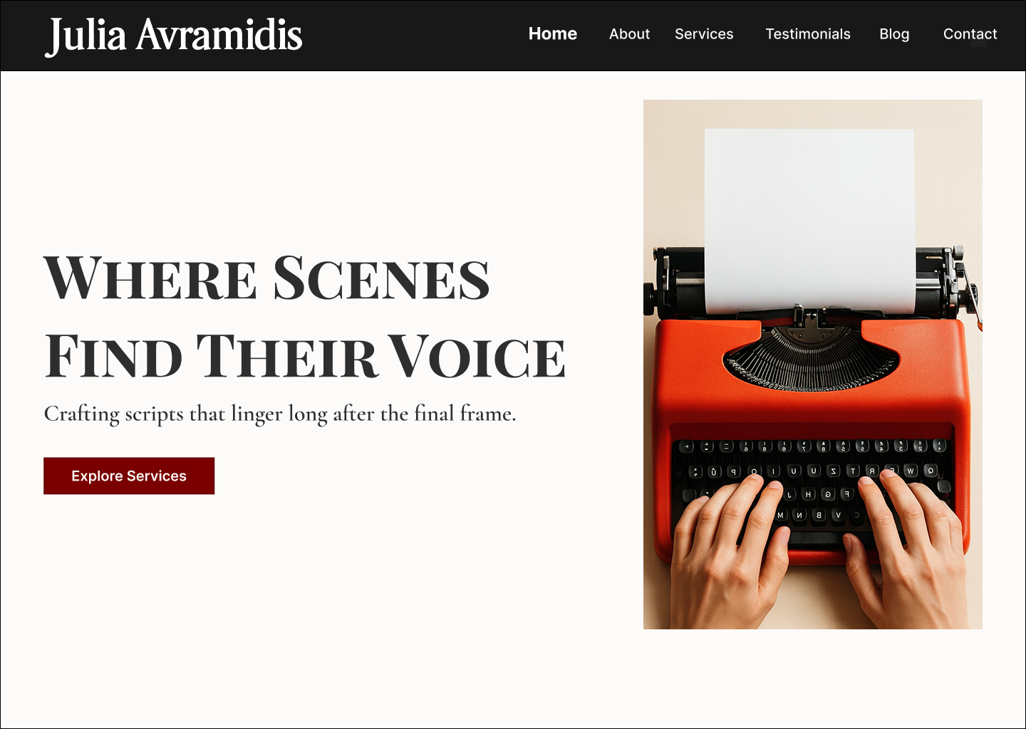 Final homepage UI showing cinematic hero and primary CTA